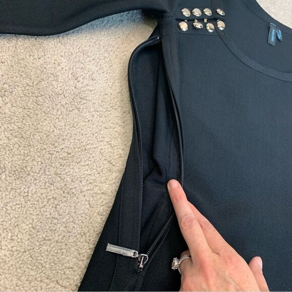 MARCIANO black one shoulder gold button bodycon bandage mini dress Sz L NWOT - Picture 4 of 11
